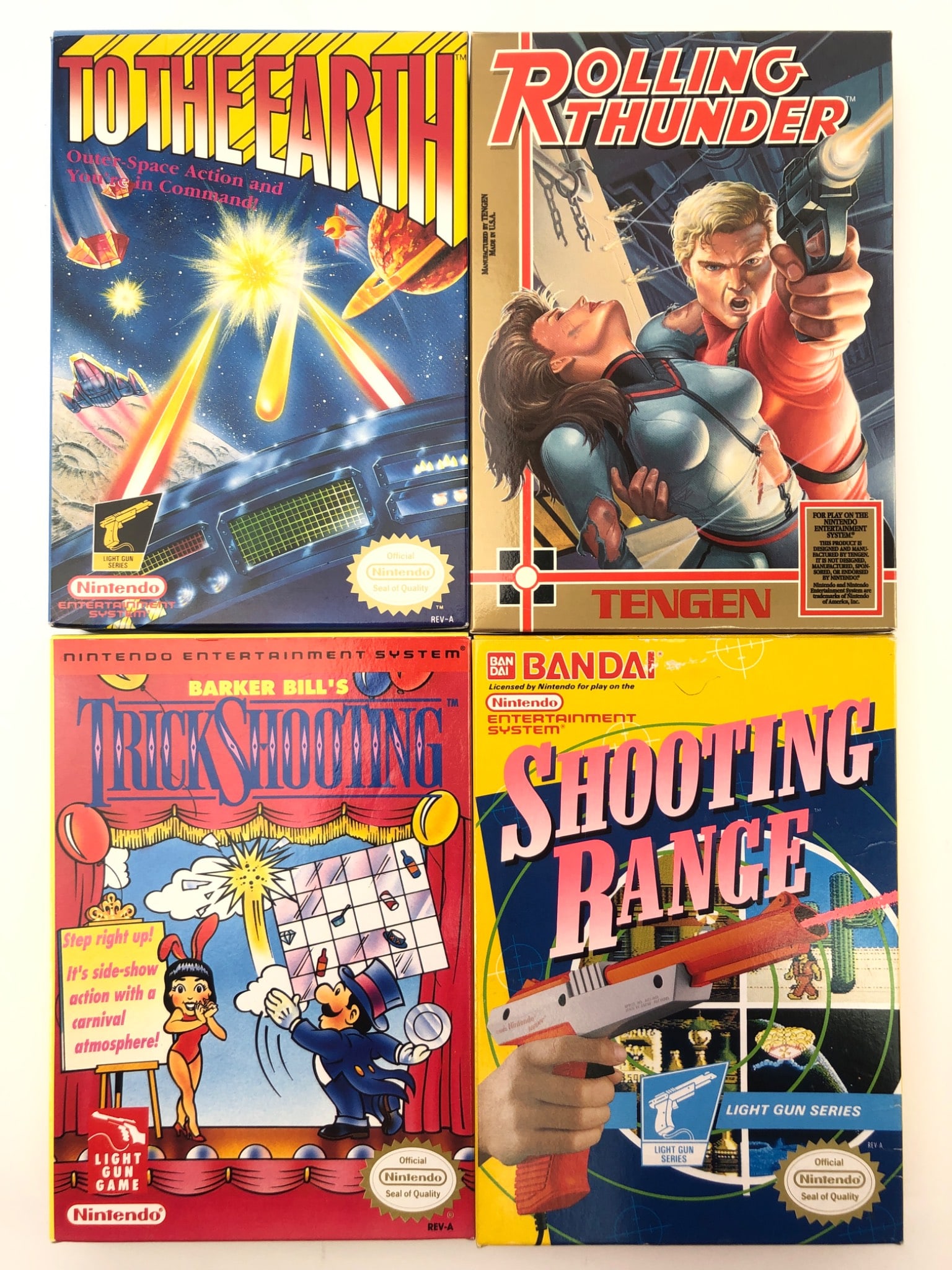 4 NES Games: To The Earth, Rolling Thunder & More: Four NES games including 'To The Earth,' 'Rolling Thunder,' 'Shooting Range,' and 'Barker Bill's Trick Shooting.' Each includes original box, cartridge, and instruction booklet. Compatible with the Ni