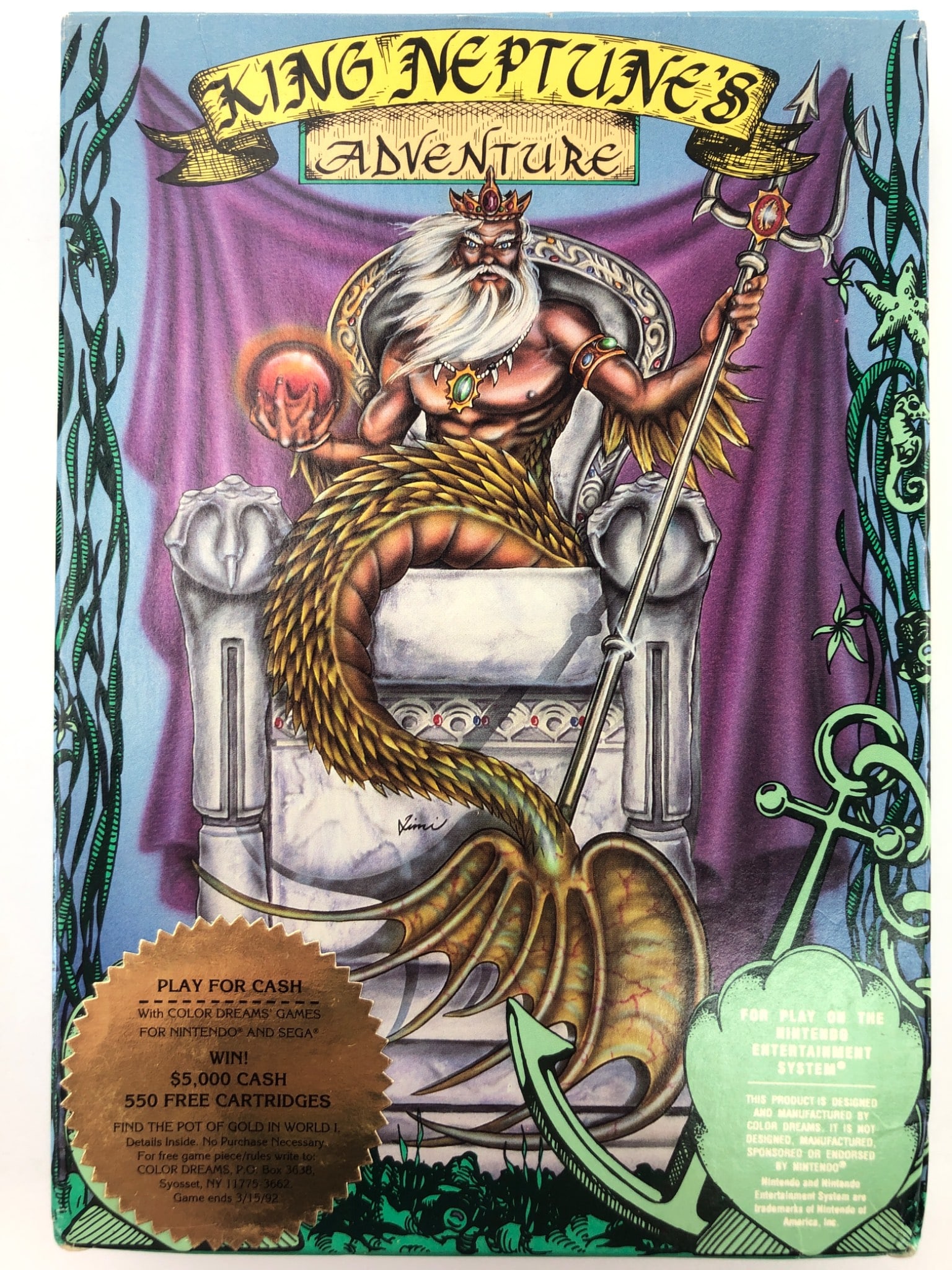 King Neptune’s Adventure For NES: King Neptune's Adventure by Color Dreams for the NES, including original blue cartridge, box, & instruction manual. Developed in 1990 featuring graphics by Nina Bedner & music by John Dwyer. The box &