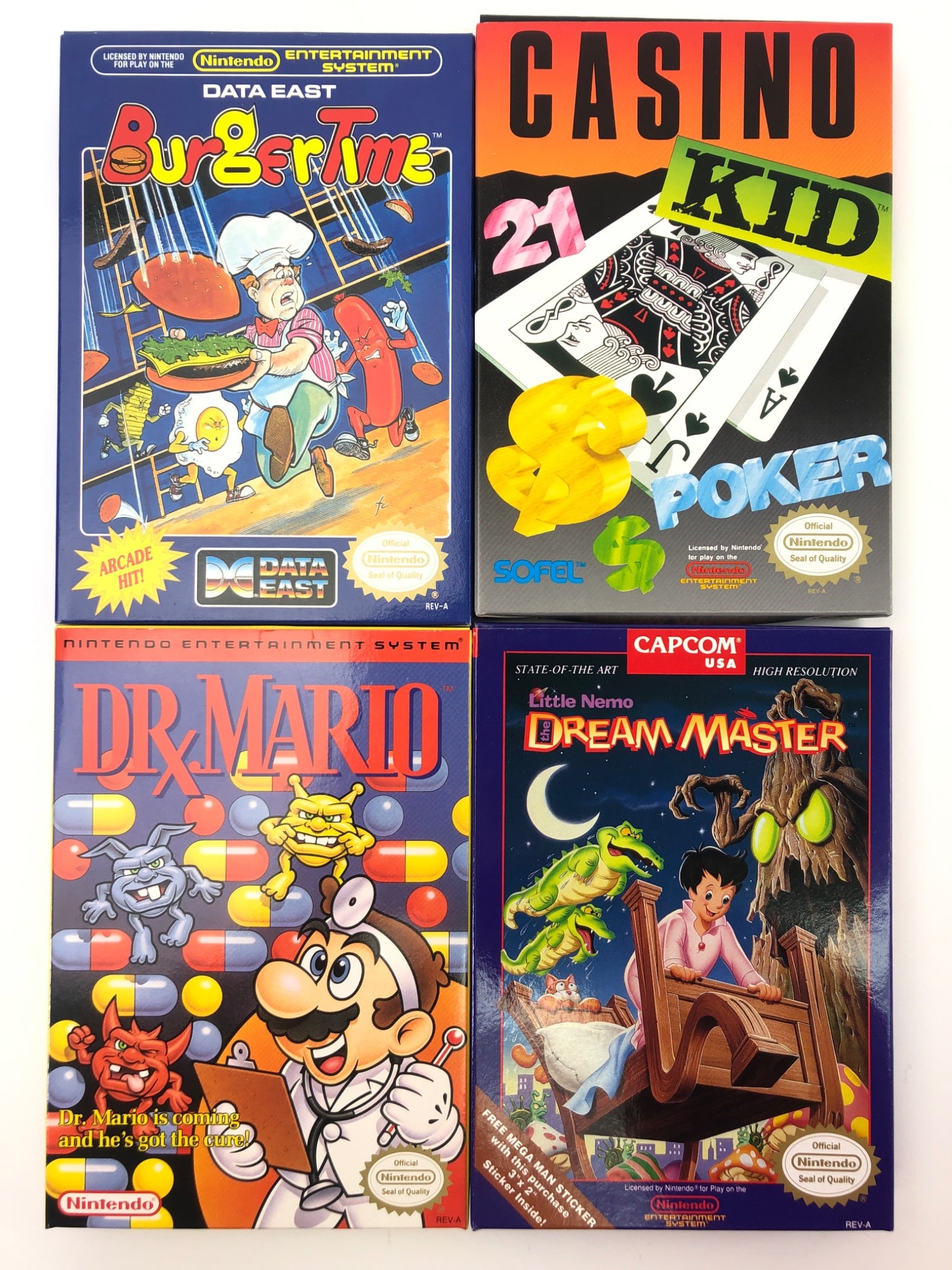 4 NES Games Dr. Mario, BurgerTime, Casino Kid & Dream Master: 4 NES games including Dr. Mario, BurgerTime by Data East, Casino Kid by Sofel & Little Nemo: The Dream Master by Capcom. Each includes original box, cartridge, foam insert & instruction manual. Signs