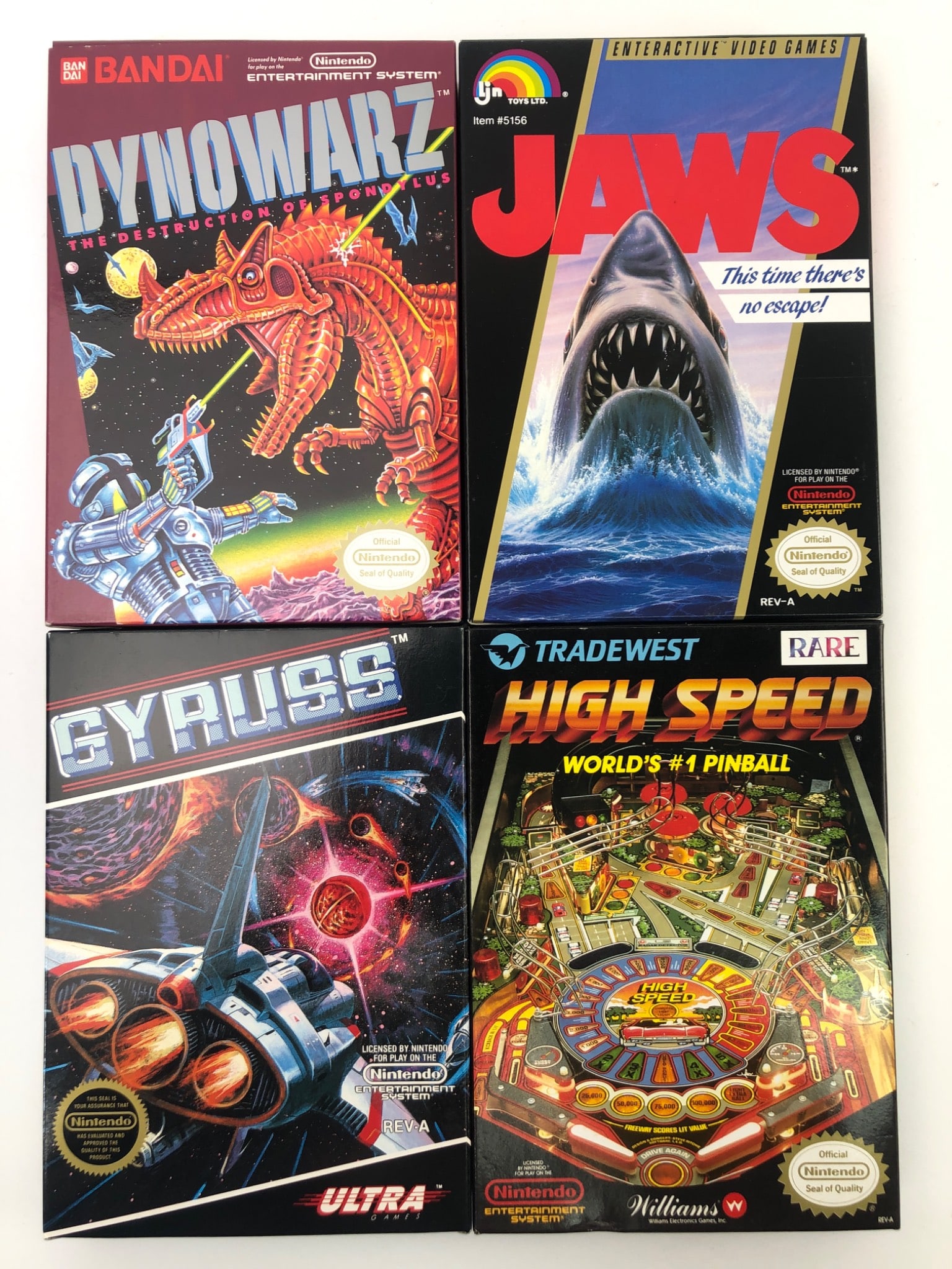 4 NES Games Gyruss, Dynowarz, Jaws & High Speed: 4 NES games including Gyruss, Dynowarz: The Destruction of Spondylus, Jaws, & High Speed. Includes original boxes with inserts & instruction manuals. All cartridges marked Nintendo 1985. Condition VG