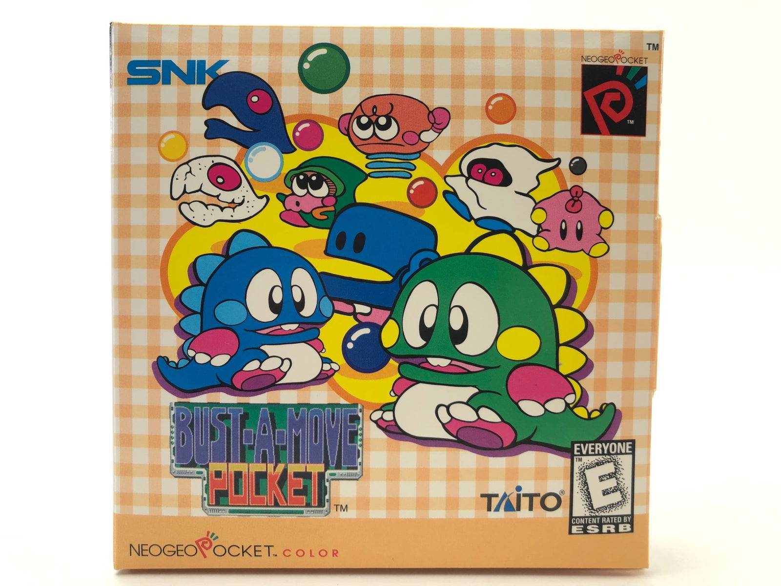 Bust-A-Move Pocket SNK Taito NeoGeo Game: Bust-A-Move Pocket game by SNK & Taito for NeoGeo Pocket Color. Includes original box, cartridge, manual & inserts. Rated E for Everyone. Box shows light wear. Cartridge marked Made in Japan. Distribu