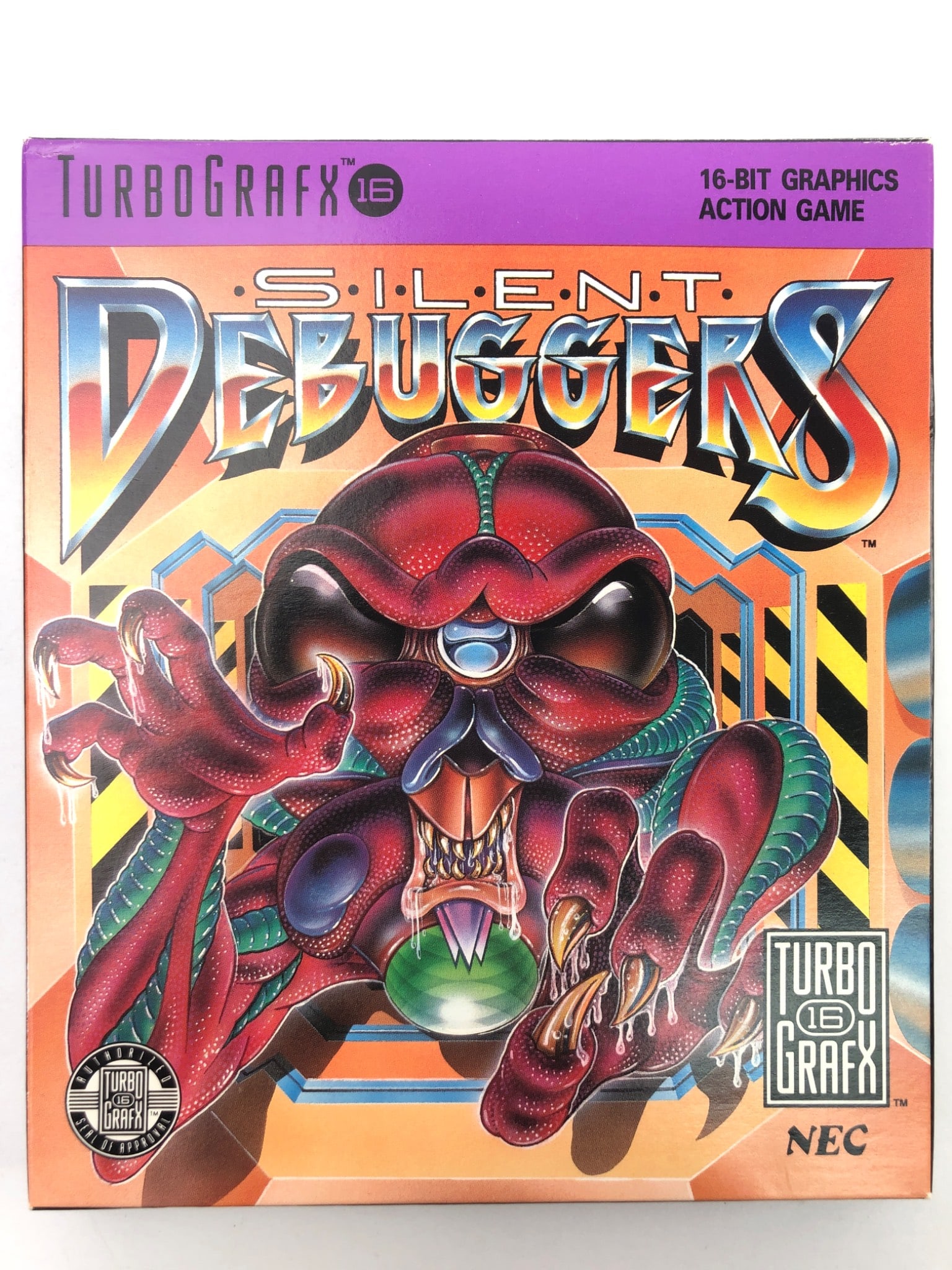 Silent Debuggers TurboGrafx-16 Game: Silent Debuggers TurboGrafx-16 game by NEC, released in 1991. Includes original box, manual, & HuCard. Box shows some wear, including creases & a tear. Game format compatible with TurboGrafx-16 system