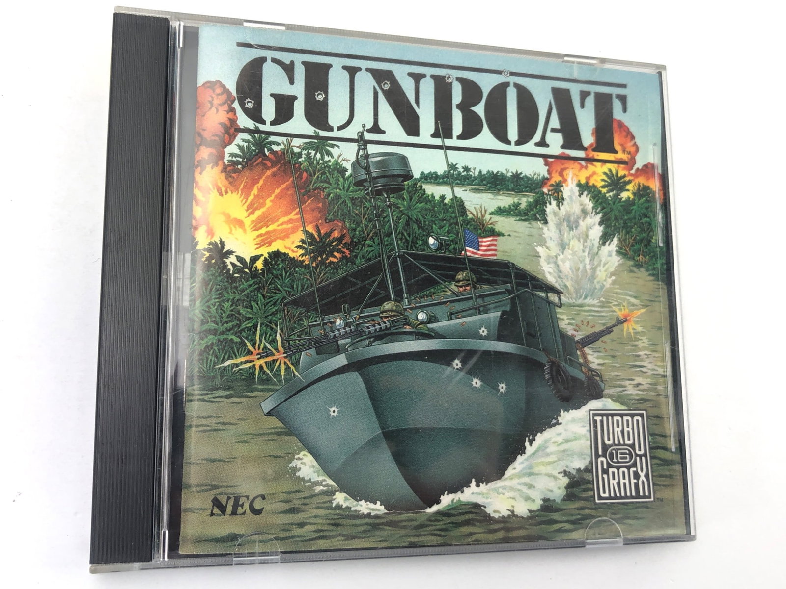 Gunboat TurboGrafx-16 NEC HuCARD Game: Gunboat game for the TurboGrafx-16 console by NEC, including HuCARD, original jewel case, and manual. Released by Accolade Inc. in 1989, 1990, and 1991. The jewel case shows wear, while the contents r