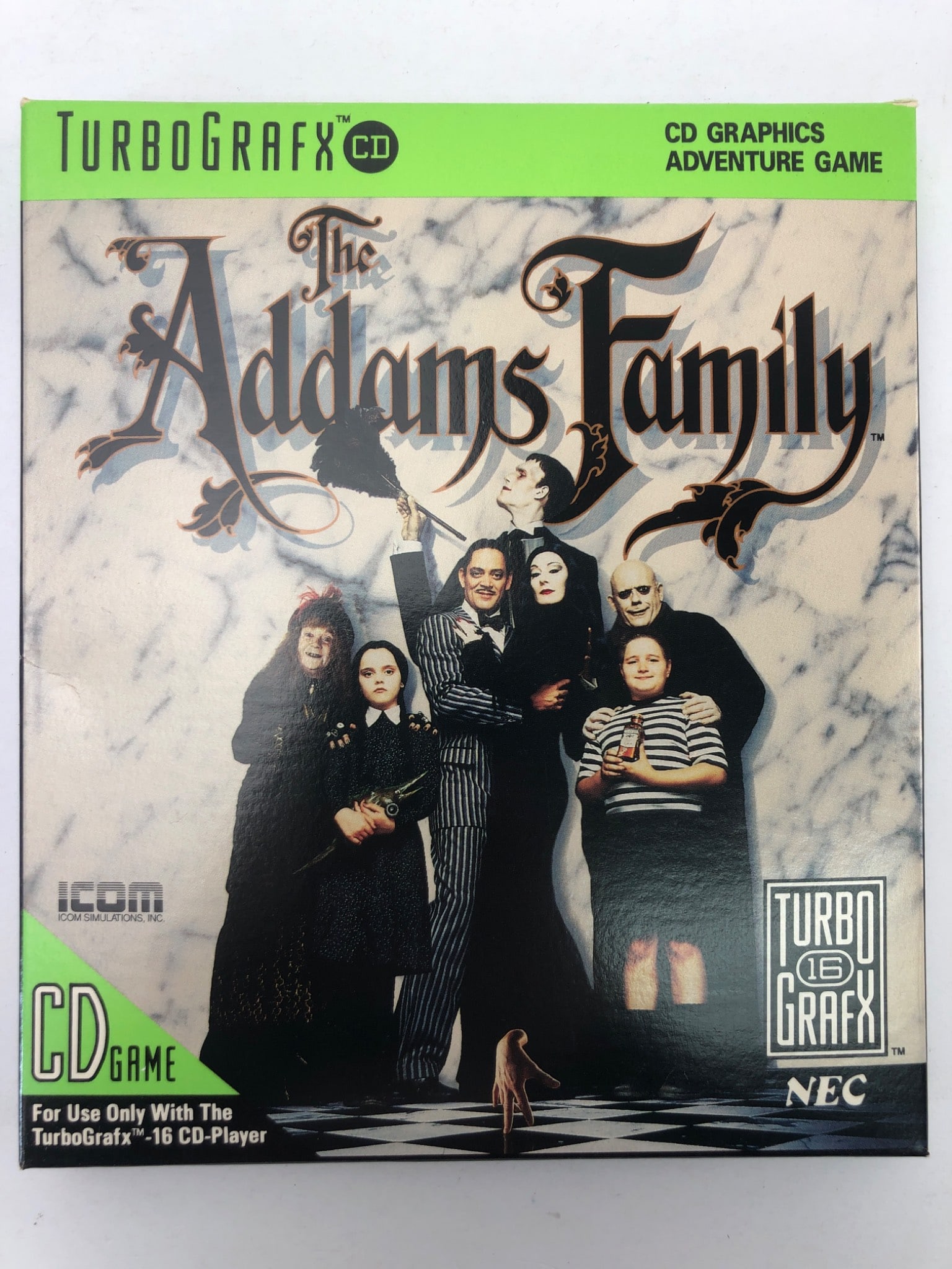 The Addams Family TurboGrafx-CD Game: TurboGrafx-CD game titled 'The Addams Family' by NEC, featuring CD graphics adventure gameplay. Includes original case, artwork, & game disc. Recommended for ages 8 & up, released in 1991 by ICOM Simu
