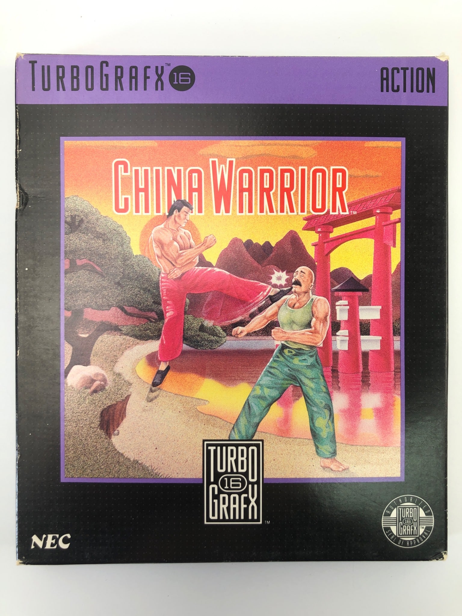 TurboGrafx-16 China Warrior Video Game: Complete TurboGrafx-16 China Warrior video game by NEC with original box, manual, & game card. Published by Hudson Soft in 1989. Box exhibits wear consistent with age. Includes original graphics & bra