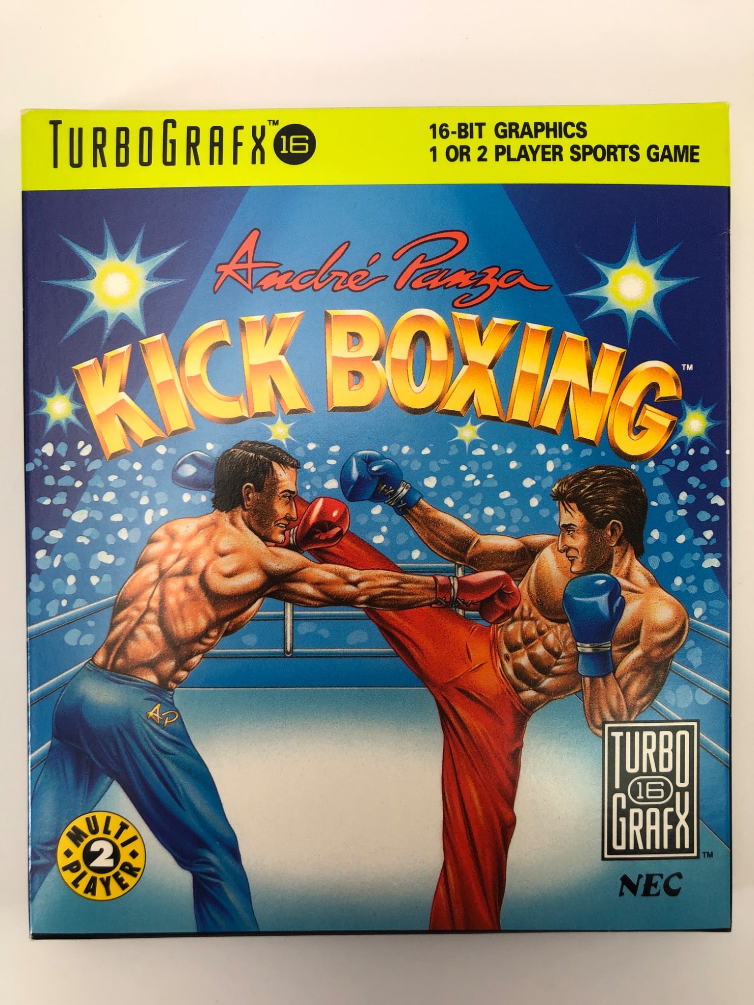 Andre Panza Kick Boxing TurboGrafx-16: Andre Panza Kick Boxing for TurboGrafx-16, featuring a 16-bit gaming experience with 1 or 2 player sports action. Includes original box, manual, HuCARD, & case. Released in 1991 by NEC Technologies & 