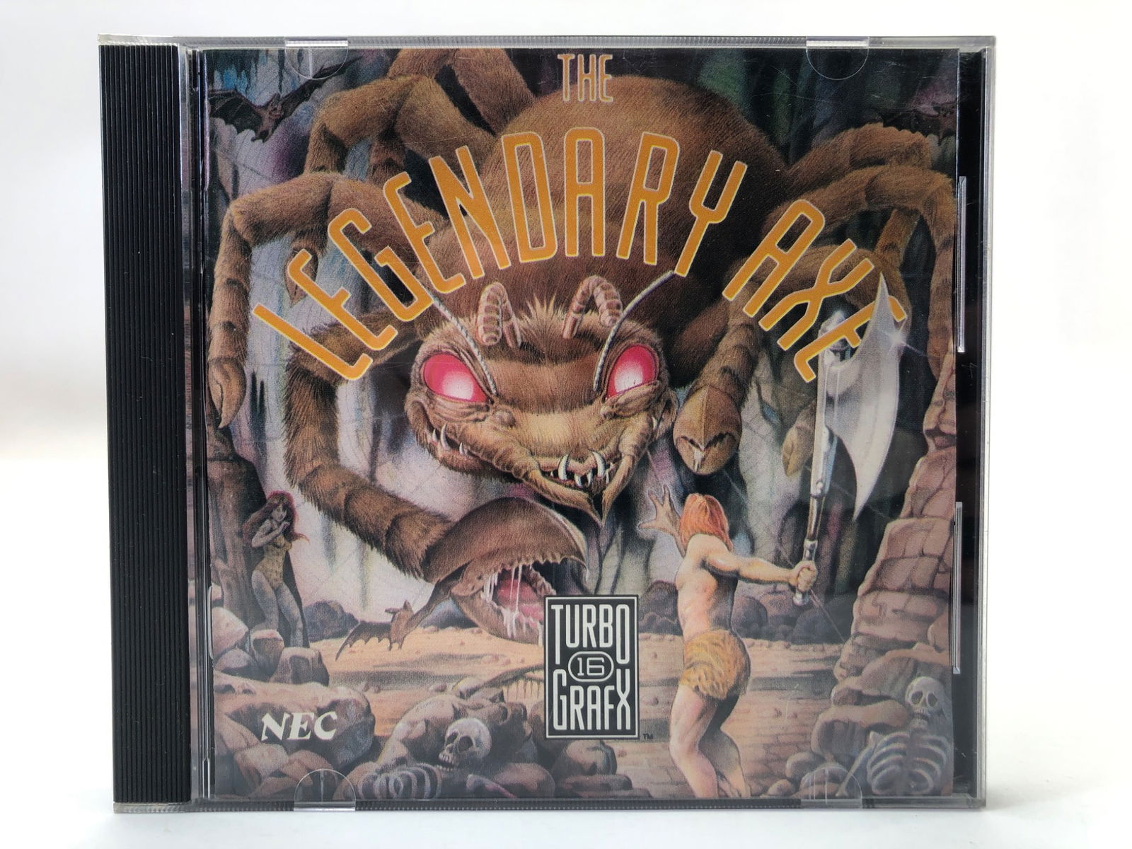 The Legendary Axe TurboGrafx-16 Game: TurboGrafx-16 game cartridge titled 'The Legendary Axe,' published by NEC in 1989. Includes original plastic case, artwork, and instruction manual. The HuCard appears in good condition with minimal si