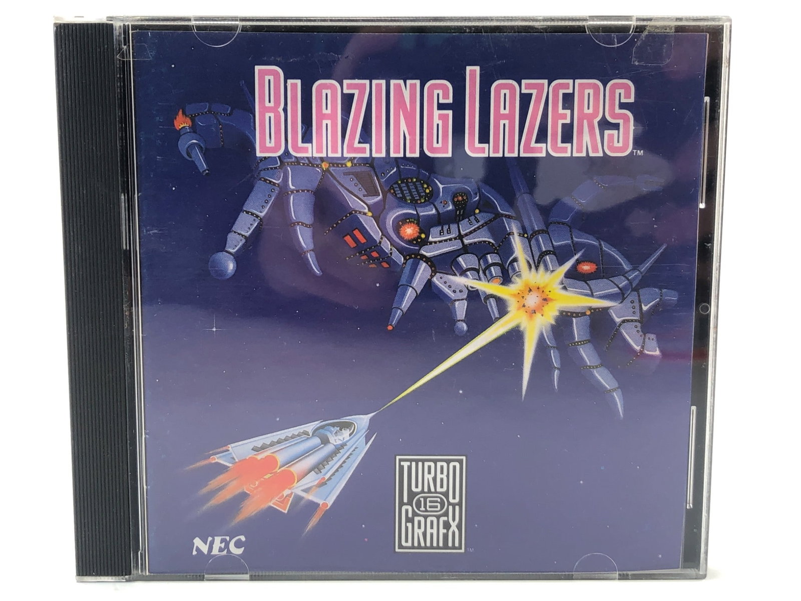 Blazing Lazers TurboGrafx-16 HuCard Game: Blazing Lazers TurboGrafx-16 game by NEC. Includes original HuCard, jewel case, and instruction manual. HuCard and materials show minor wear. Case has wear, including tape on the back. A classic shoot
