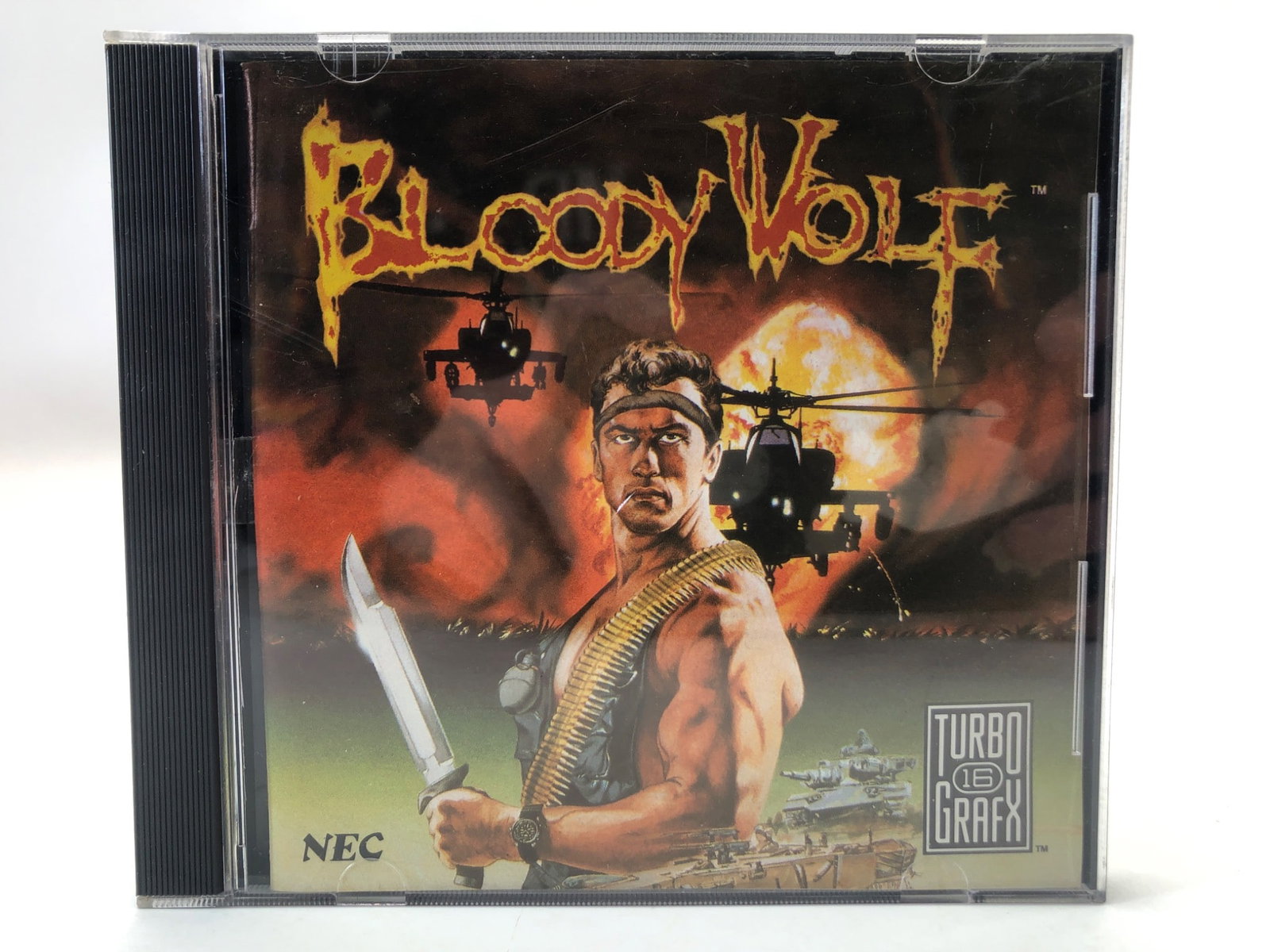 Bloody Wolf NEC TurboGrafx-16 Game: Bloody Wolf video game by NEC for the TurboGrafx-16 console. Includes the HuCard, case, and manual. The game is presented in its original case, with artwork and instructions. HuCard made in Japan, cop