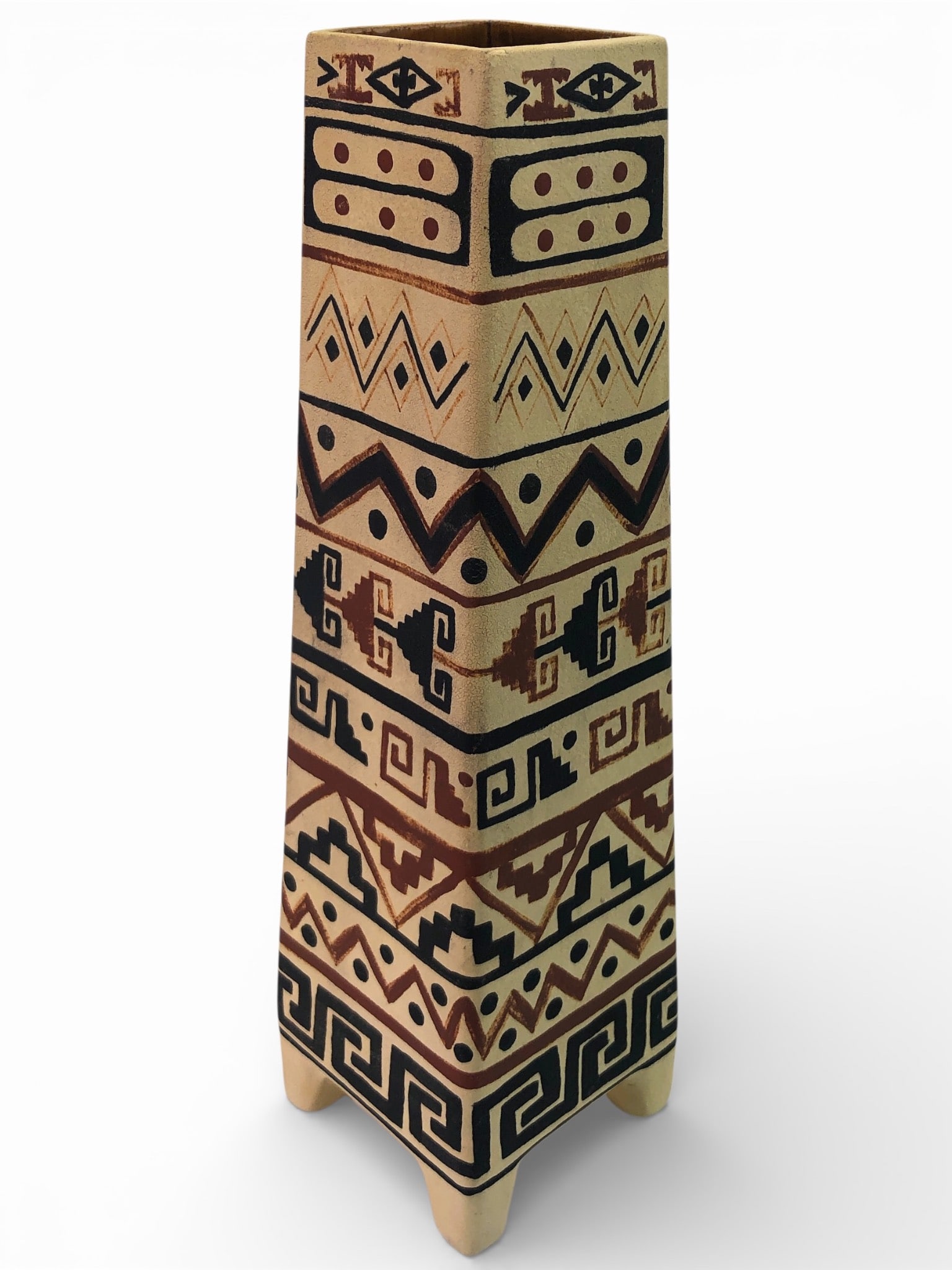 Rare Vtg Graphic Pottery Stoneware Footed Vase (1 of 6)