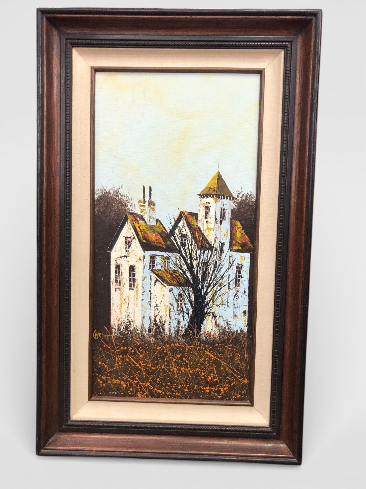 MCM Hirsch Dutch Oil Painting On Canvas: Mid-century modern oil painting on canvas by artist Hirsch, featuring a picturesque Dutch-style villa with intricate details. Signed on the front, and certification from Artistic Interiors, Inc. on th