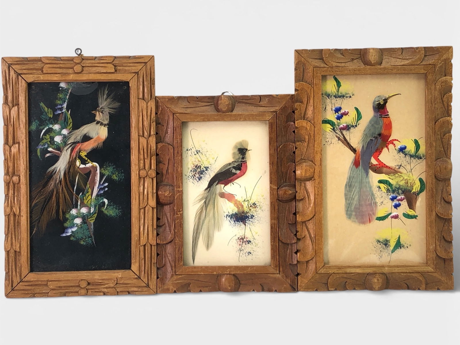 3 Vtg Mexican Feather Art In Frames (1 of 6)