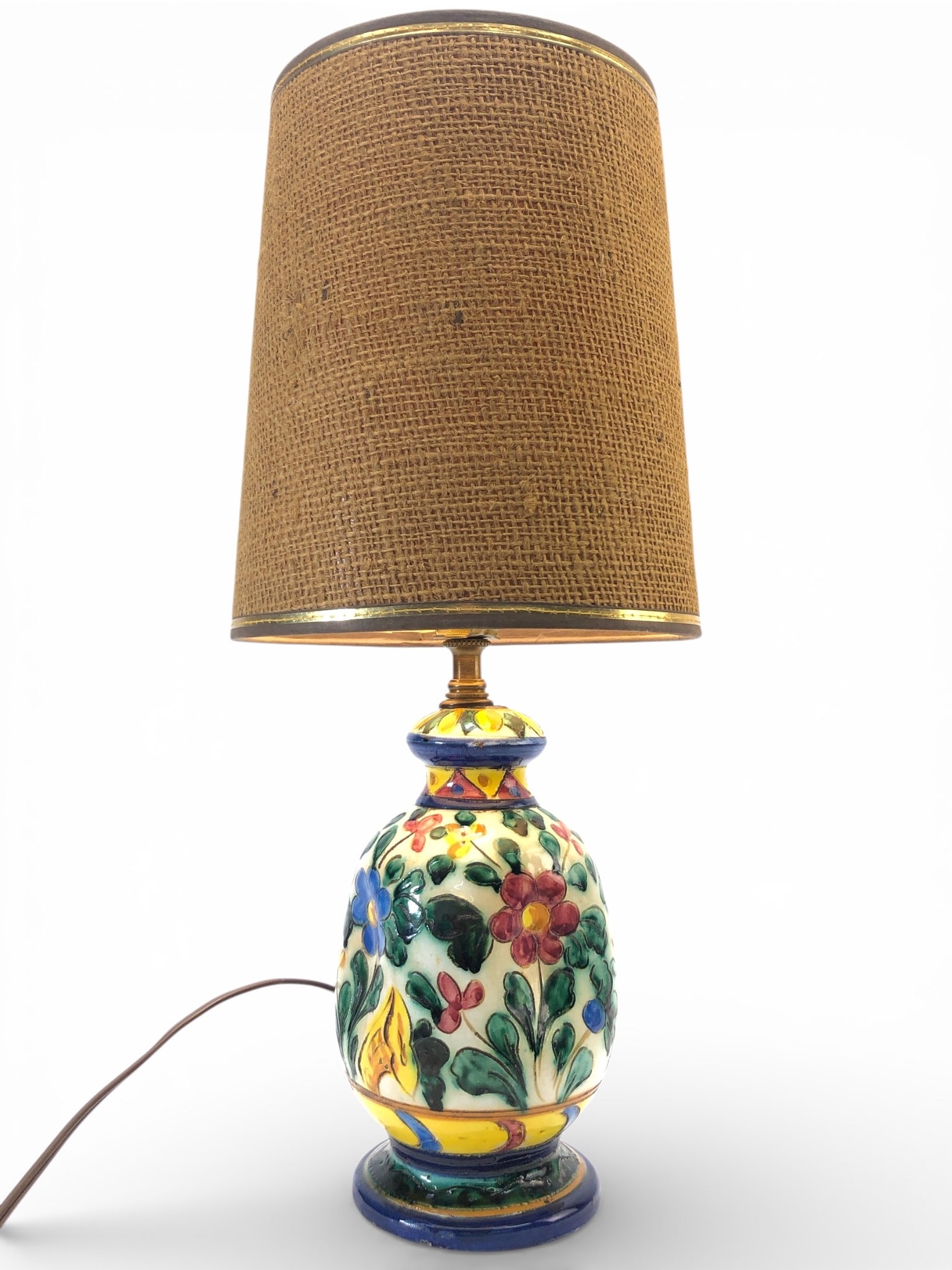 Vtg Signed Majolica Pottery Lamp & Burlap Shade (1 of 16)