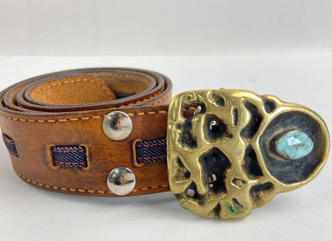 Brutalist Brass & Turquoise Belt Buckle 44? (1 of 7)