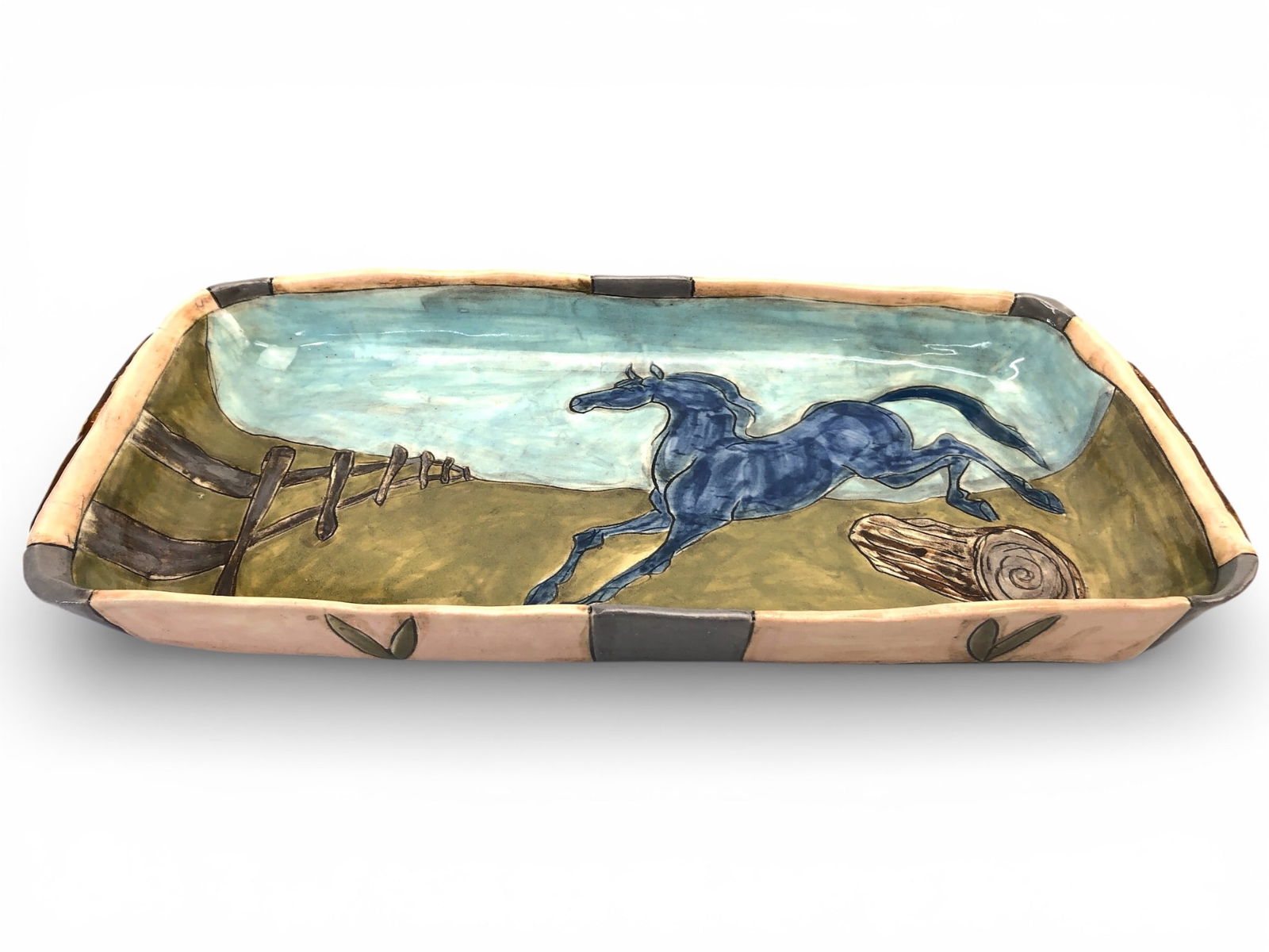 Signed Studio Art Pottery Tray W/ Horse & Bunny (1 of 11)