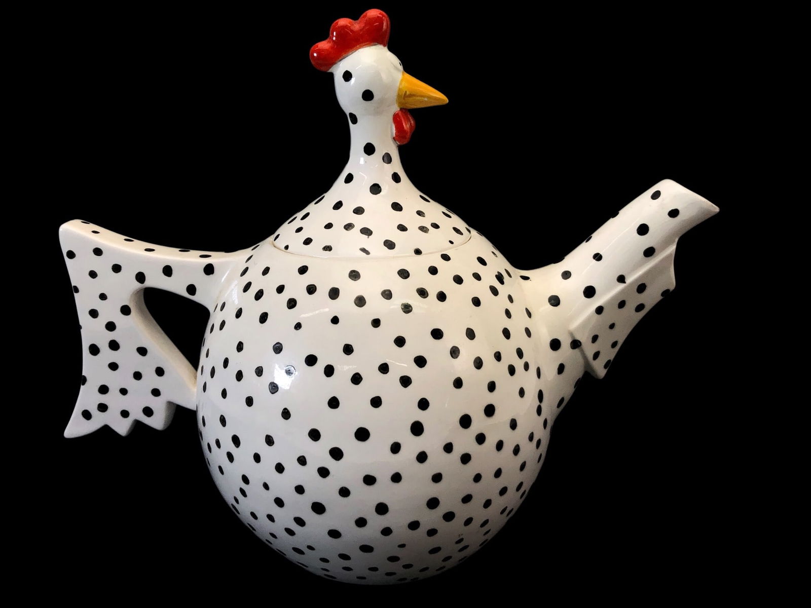 Vtg Department 56 McNutt’s Polka Dot Chicken Tea Pot: Vintage Department 56 McNutt's polka dot chicken ceramic teapot. Stands approximately 8 inches tall, including lid. Features a whimsical polka dot pattern, chicken-shaped design, & red comb detail.