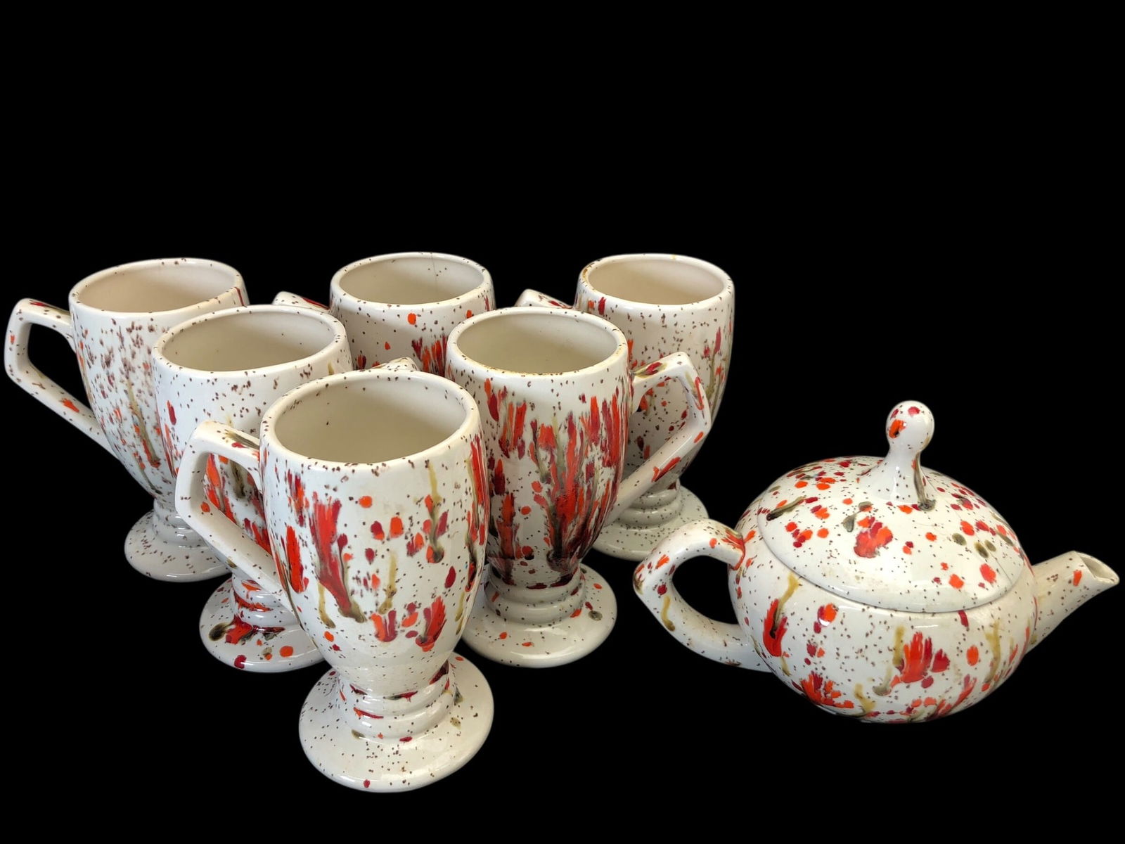 Vtg Drip Glaze Teapot & 6 Footed Mugs Set (1 of 19)