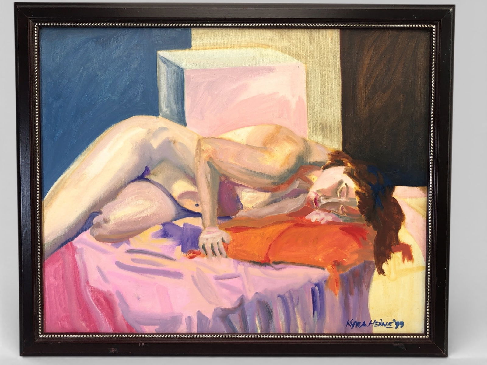 Signed Original Nude Oil Painting 22 x 18: Original oil painting of a reclining nude subject signed by the artist 'Kyra Hsine' and dated '99. The artwork is framed, measuring 22 x 18 inches, with visible wear to the frame and backing paper. Vi