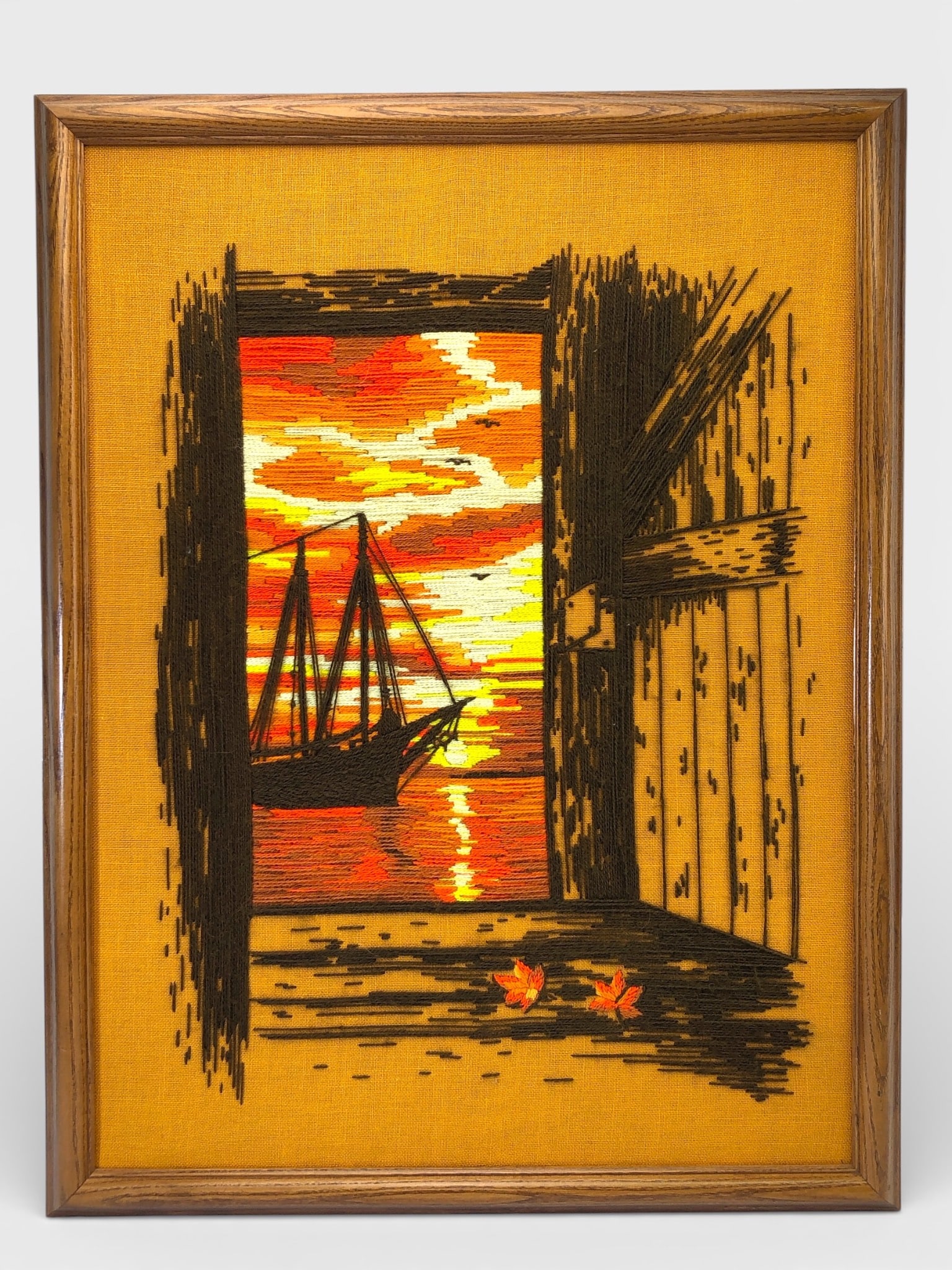 Vtg Crewel Embroidery Sailboat At Sunset (1 of 5)