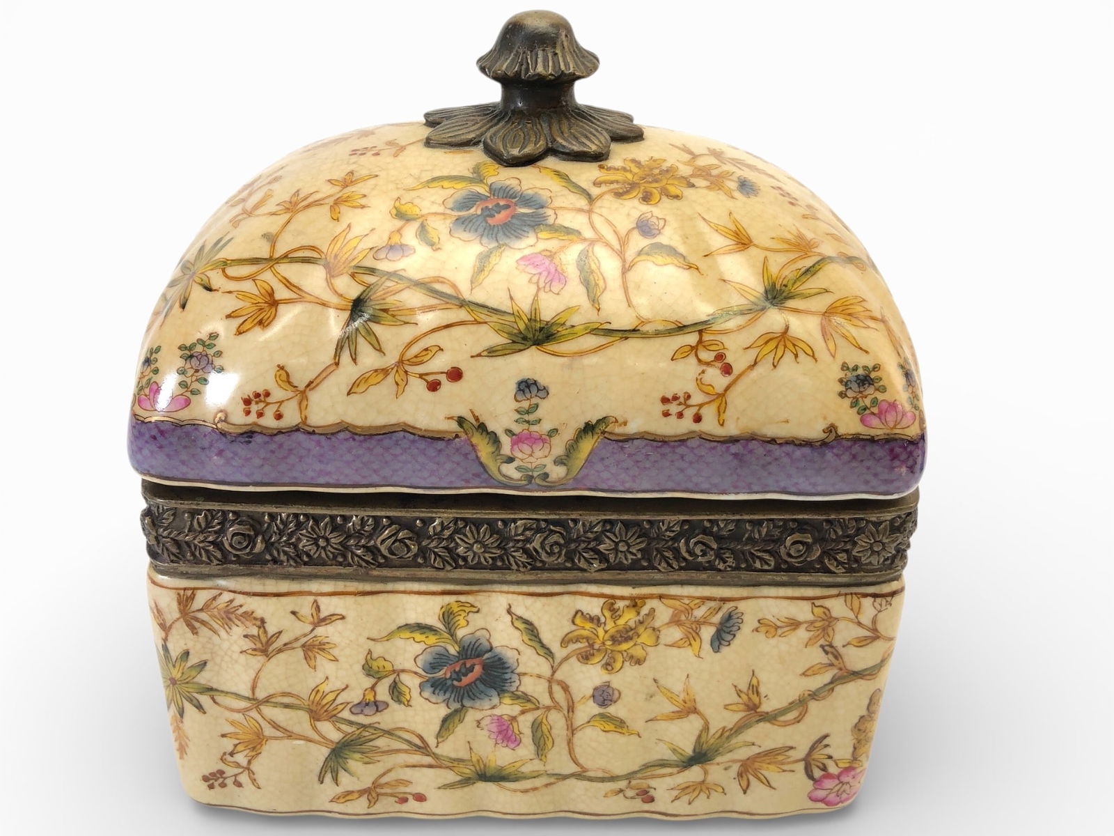 Antique Chinese Porcelain Casket Box: Antique porcelain Chinese casket box with fine crackle glaze. Features hand-painted floral design, a domed lid with metal finial, and detailed metalwork on the trim. Marked 'Hua Rong Tang Zhi.' Dimens