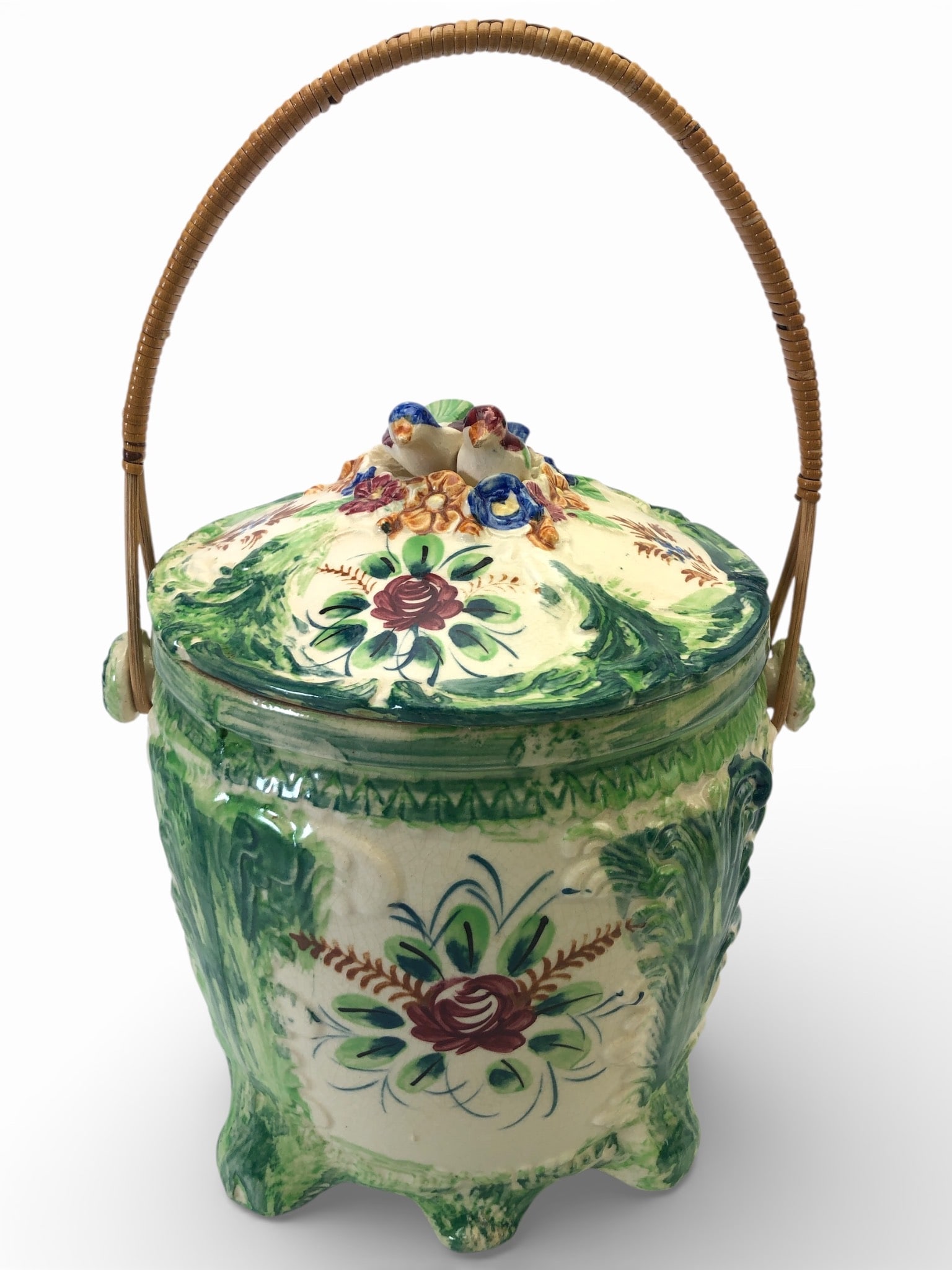 Vtg Japanese Majolica Biscuit Jar With Handle (1 of 12)