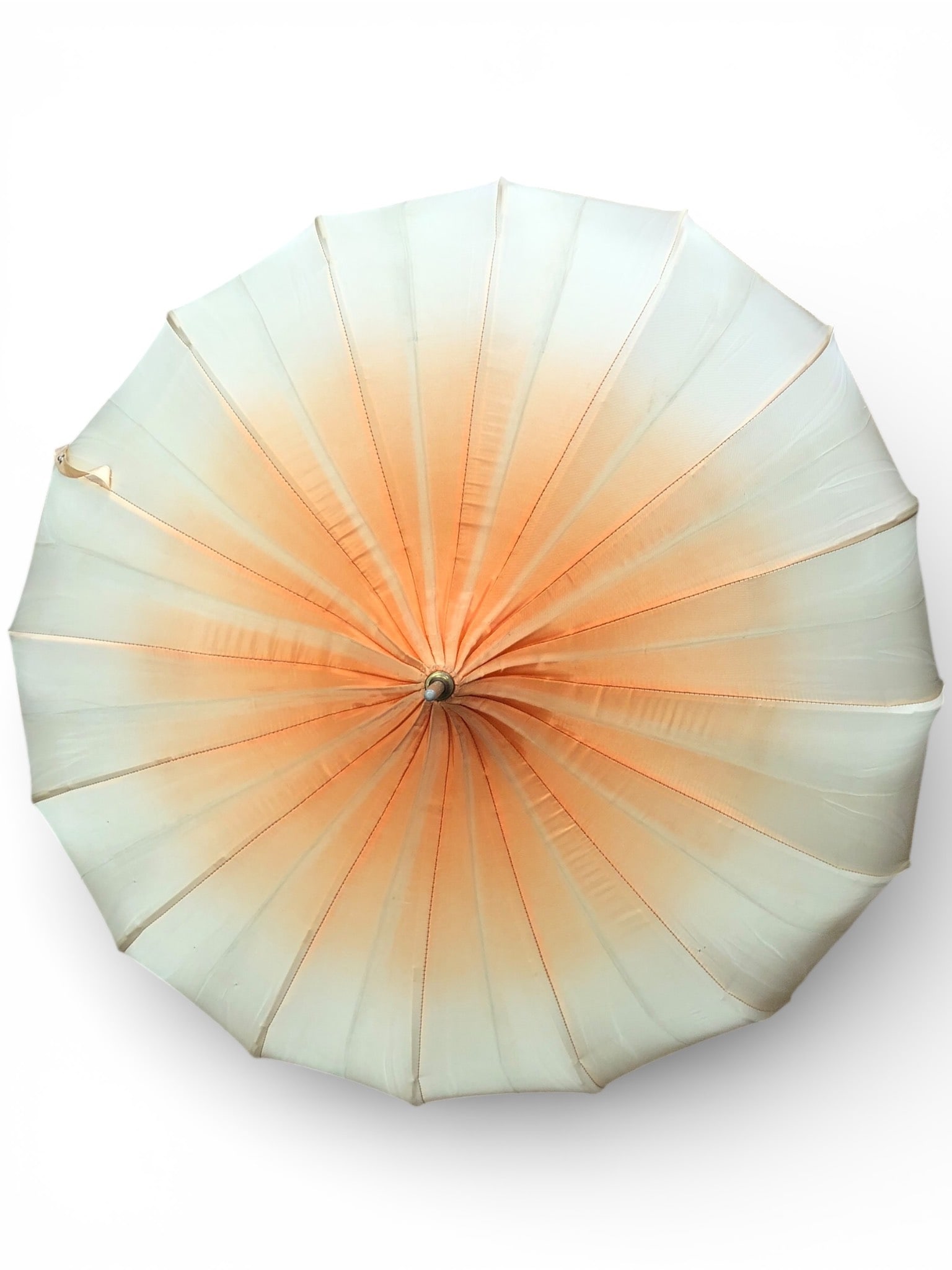 Vtg 16 Spoke Umbrella 33.5 Long W/ Orange Handle: Vintage 16-spoke umbrella featuring a gradient design transitioning from orange to cream. Measures 33.5 inches long with a curved orange handle and attached chain. Fabric shows some signs of wear,