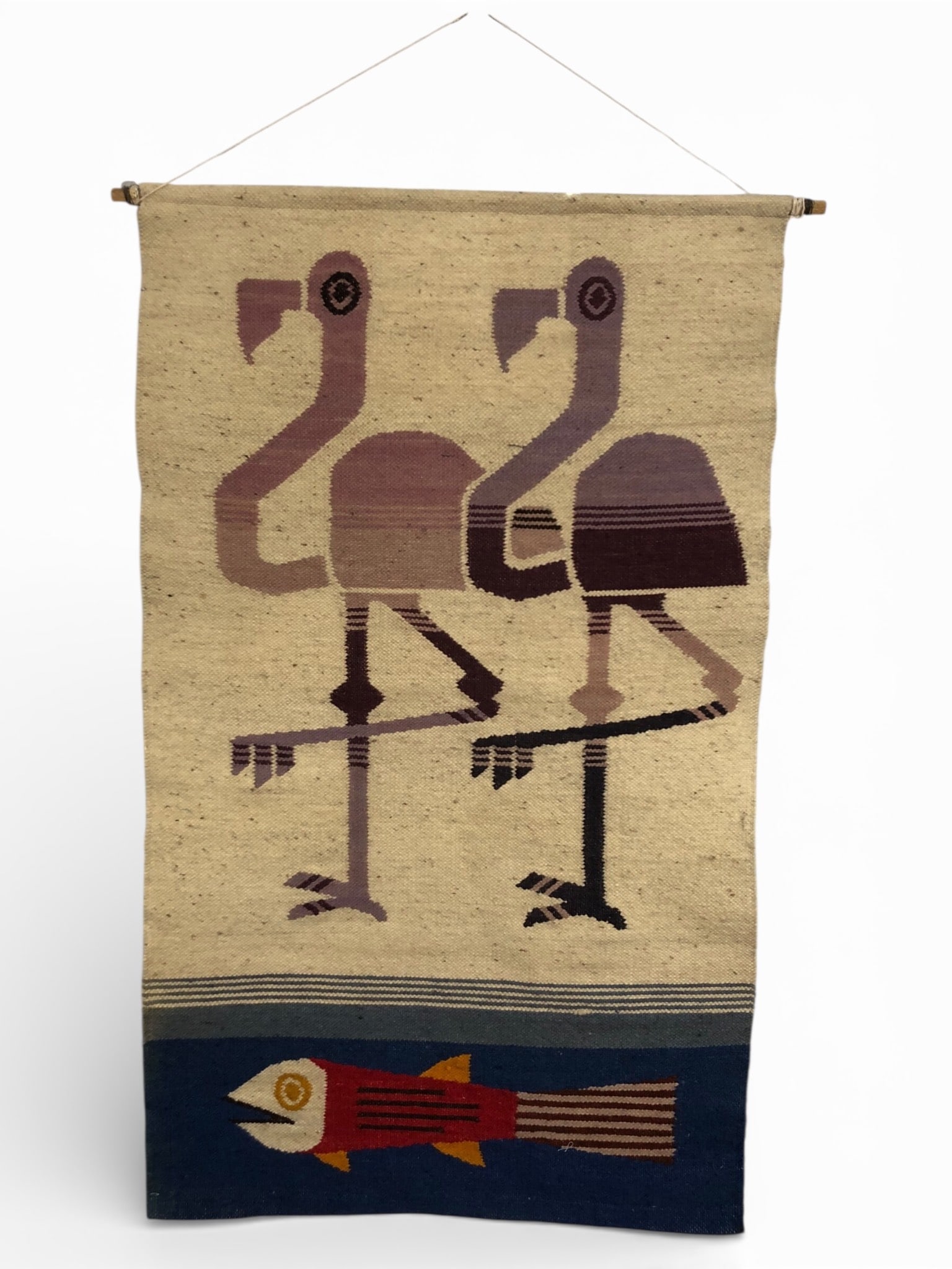 Mid Century Peruvian Flamingo & Fish Wool Wall Hanging: Mid century handwoven Peruvian wall hanging featuring a flamingo & fish design. Crafted from 100% wool, it measures 28.5 x 44 inches, excluding the yarn string used for hanging. Made in Ecuador, with