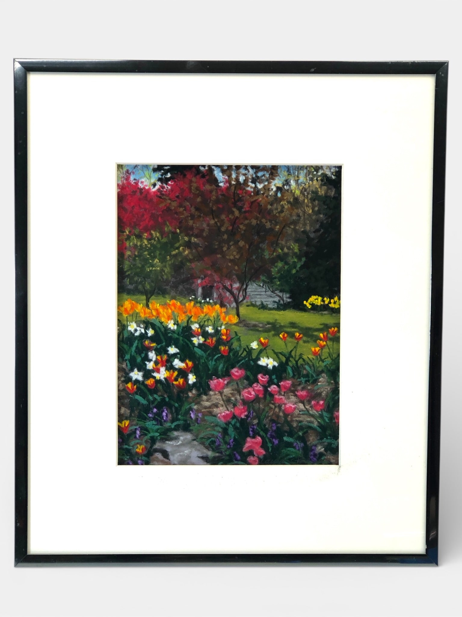 Pencil Signed Floral Garden Artwork By Laura Strove: Framed pencil signed oil pastel artwork depicting a vibrant floral garden by artist Laura Strove (signature uncertain). Piece measures 13 3/4 x 16 1/4 inches, including frame. Features bright flowers