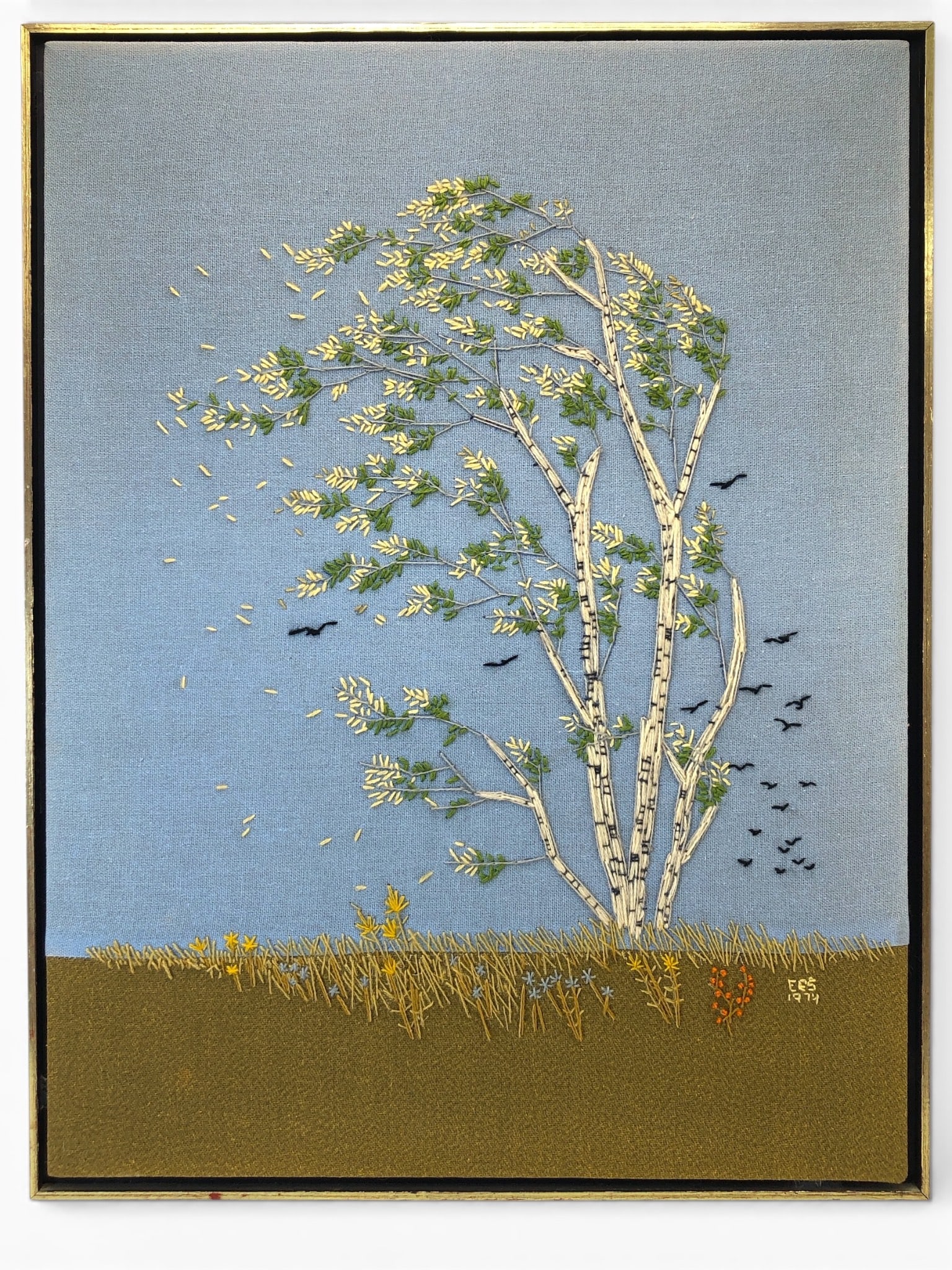 1974 Birch Tree & Flocking Birds Crewel Embroidery (1 of 7)