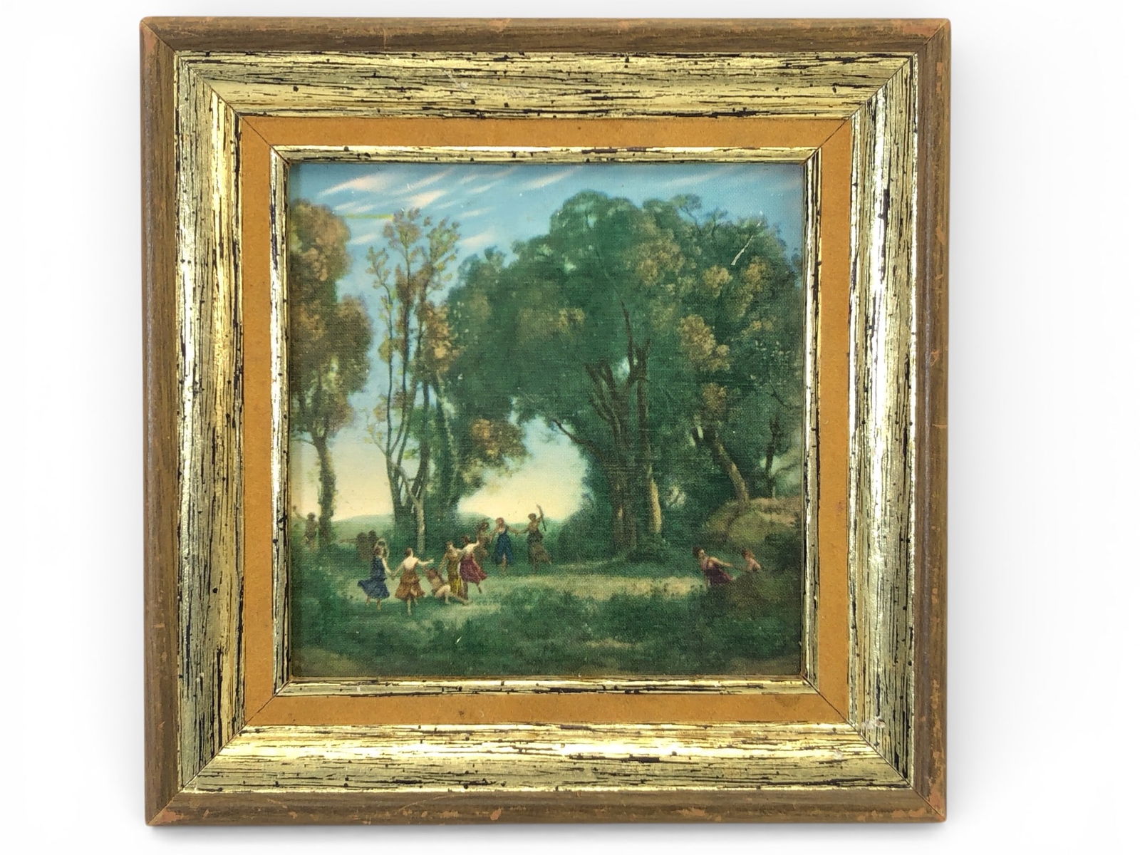 Vtg Dance Of The Nymphs Framed Print 7.25 x 7.25: Vintage framed print titled 'Dance of the Nymphs,' measuring 7.25 x 7.25 inches. The artwork depicts a forest setting with figures dancing in a clearing, enclosed in an aged gold-toned wood frame. Sig