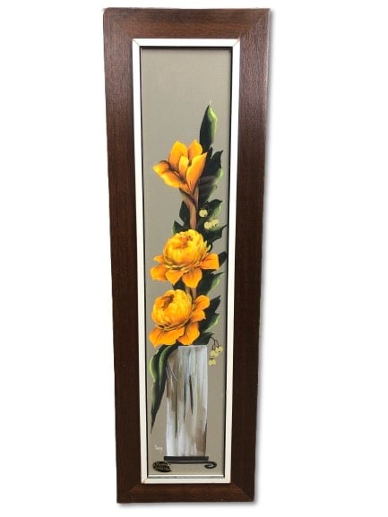 Franklin Watercolor Floral Painting: Franklin Original Watercolor featuring large yellow flowers in a vase on a gray background. The artwork is signed but unclear and measures 32 1/8 x 9.5 inches. Displayed in a wooden frame with a