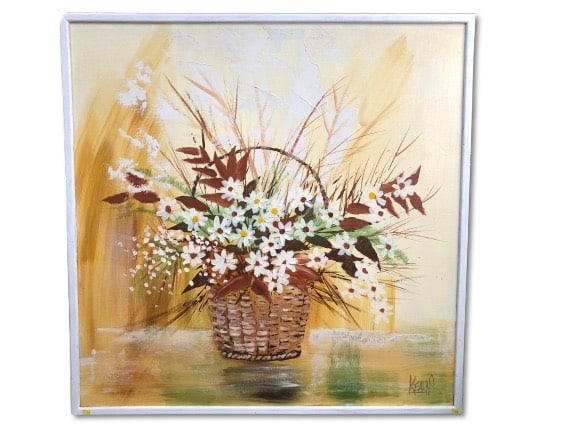 MCM Signed Kearns Floral Still Life Painting: Mid-century modern (MCM) signed Kearns impressionist floral still life painting featuring a basket of daisies & foliage on canvas. Measures 37 x 37 inches. Mounted in a simple wooden frame. Canvas sho