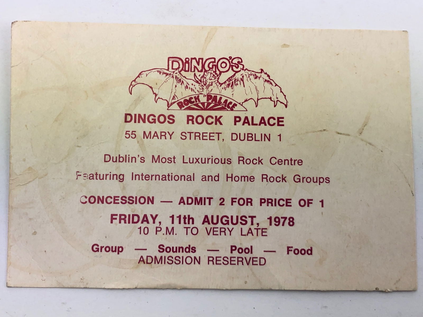 Dingo’s Rock Palace Dublin Ireland 1978 Ticket (1 of 3)