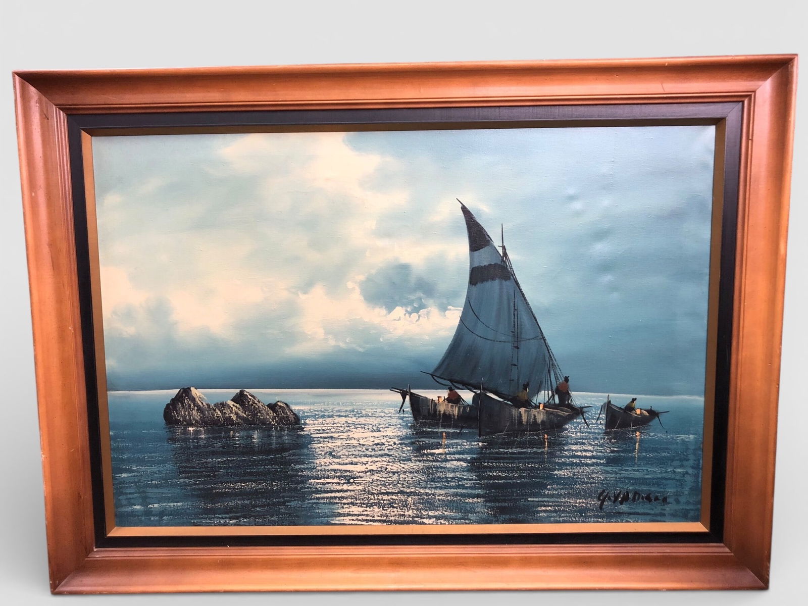 Mid-Century Italian Seascape On Canvas: Signed oil on canvas depicting a serene sailing scene with boats on water. Framed in a wood frame with outer dimensions of 42.5 x 30.5 inches. The artwork, signed in the lower corner, offers a calming
