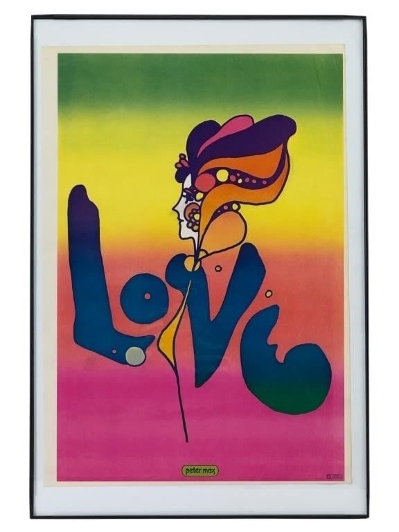 1969 Peter Max 'Love' Psychedelic Poster: A 1970s psychedelic art poster titled "Love" by artist Peter Max. The piece features a stylized profile of a woman with flowing, colorful hair integrated with the word "Love" against a vibrant rainbow