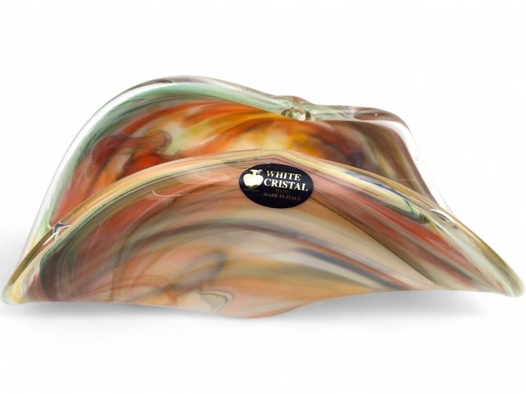 White Cristal Murano Art Glass Swirl Bowl: A hand-blown art glass bowl by White Cristal, featuring a vibrant multicolor swirl design in shades of orange, yellow, blue, and green. The piece has a distinctive folded, organic form. Bearing two