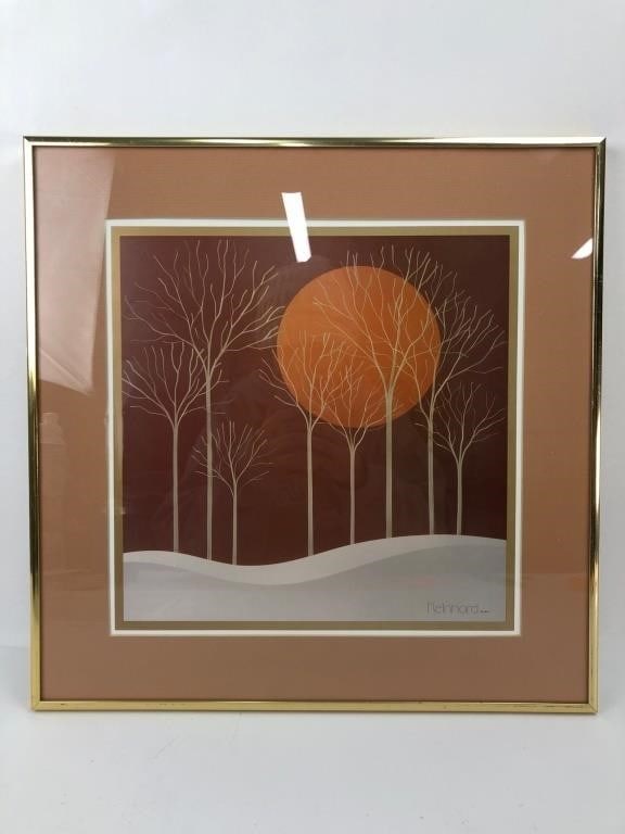Siegbert Reinhard Landscape Print Framed 16?—16: Siegbert Reinhard landscape print titled "Hi Lee Sun" depicting a serene landscape with trees & a large orange sun. Signed & dated 1979. Framed under glass in gold-toned frame measuring 16?—16 inche