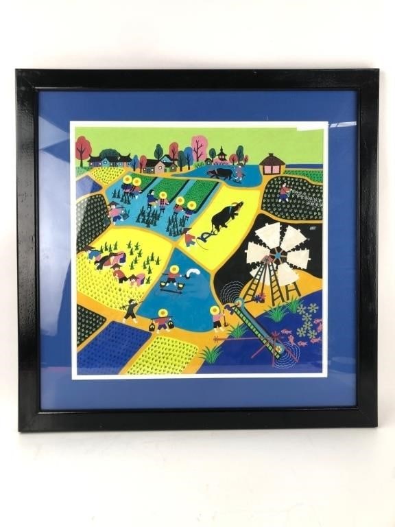 Framed Folk Art Print With Vibrant Colors: Framed folk art print featuring a vibrant depiction of rural life, including fields, livestock, windmill, & figures. Rendered in a colorful palette. Frame measures 22"x 22"with a black finish & blue m
