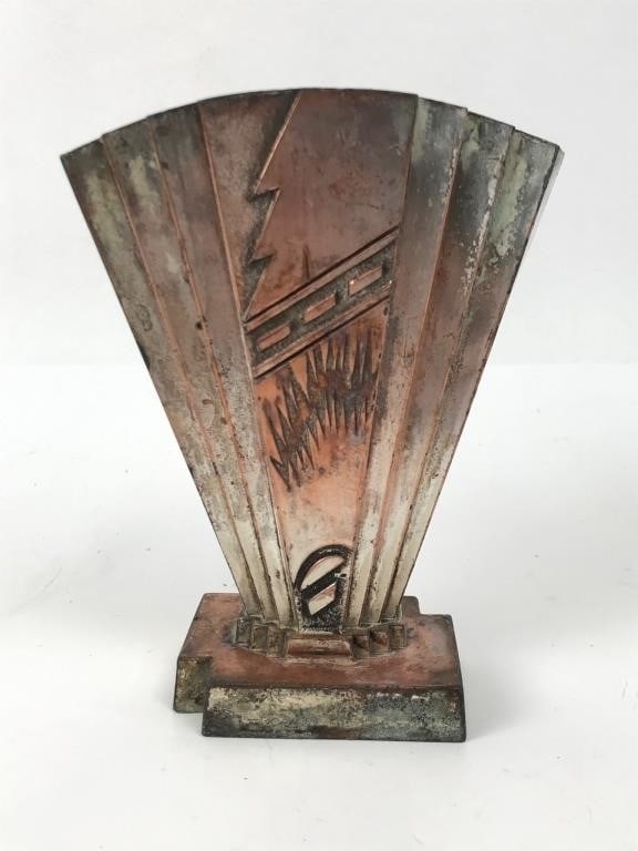 Art Deco Cast Metal Vase Made In Japan: Art Deco cast metal vase standing 5 inches tall. Features a fan-shaped design with geometric & linear patterns. Marked "Made in Japan" with an M-inside-diamond logo on the base. Overall tarnish presen