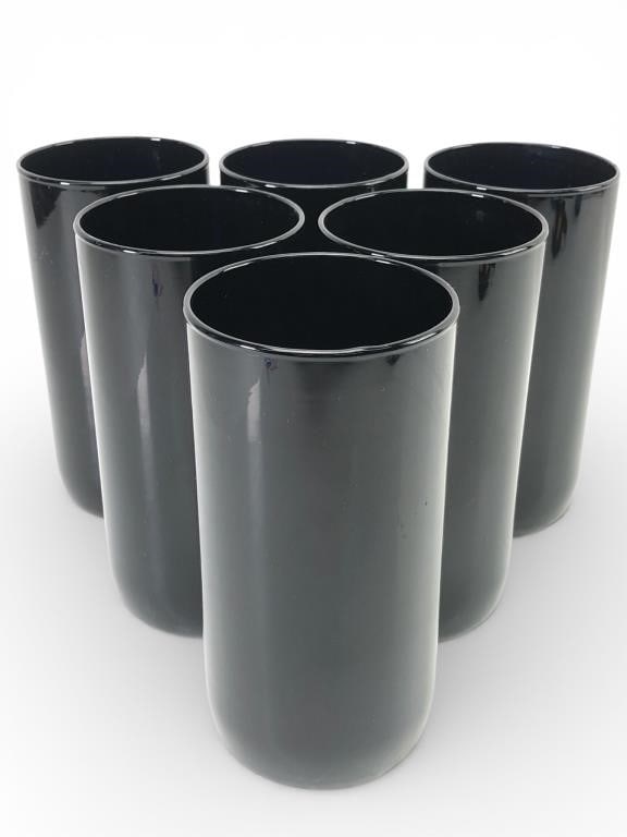 Vtg Libbey Solid Black Glass Tumbler Set Of 6: 6 vintage solid black glass tumblers by Libbey. Each measures 6 inches tall. Classic design suitable for various uses. Overall great condition with visible signs of wear on the bottoms, consistent wit