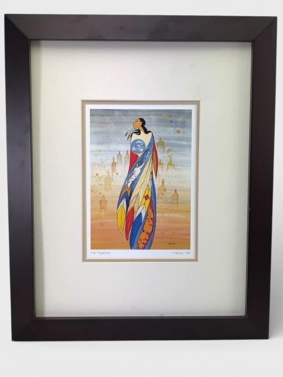 Maxine Noel Not Forgotten Framed Print: Framed print titled "Not Forgotten" by Maxine Noel, also known as Ioyan Mani. Artwork features a colorful depiction of a woman in a feathered garment on a muted background. Frame dimensions are 13 x 1