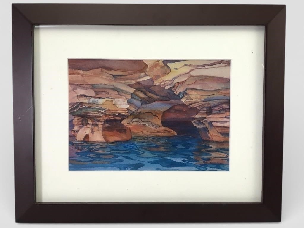 Peg Sandin Seacaves Print 13 x 16: Framed print titled 'Seacaves' by Peg Sandin, created from an original watercolor. The artwork measures 11 x 14 inches, matted & framed to 13 x 16 inches. Features vibrant, rocky shoreline imagery wit