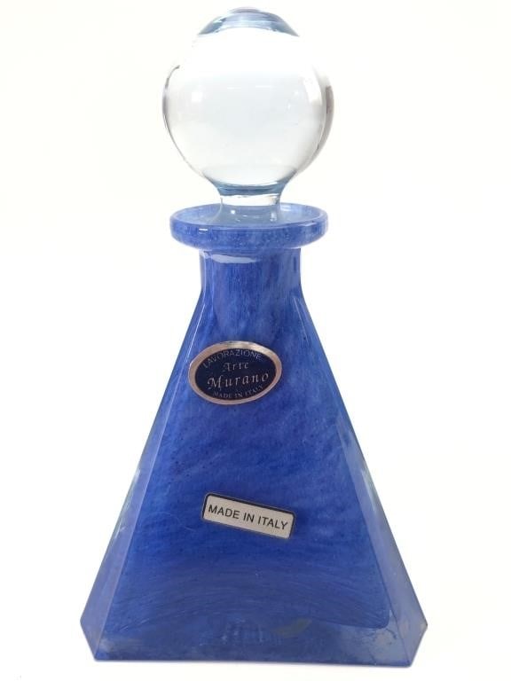 Murano Arte Lavorazione Blue Glass Pyramid Perfume: Murano Arte Lavorazione blue ombre glass pyramid perfume bottle with a spherical glass stopper. Made in Italy label present on item. Stands 4.5 inches tall excluding the stopper. Elegant collectible g