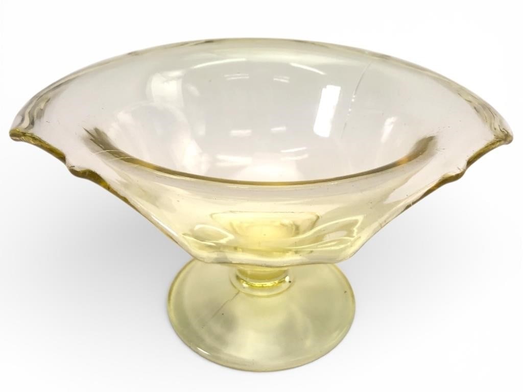 Vtg Lemon Yellow Depression Glass Pedestal Bowl: Vintage lemon yellow depression glass pedestal bowl measuring 3.5 inches tall. Features a square-shaped rim with a rounded base. Notable crack present on the base, as shown in the images. A charming p