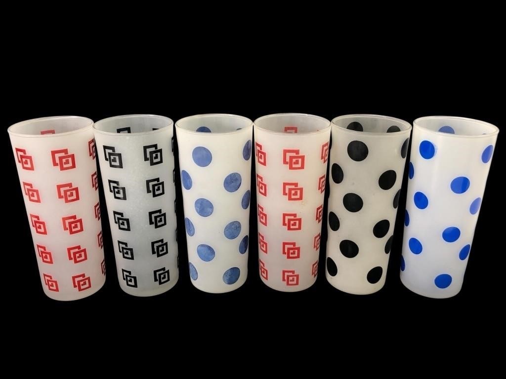 Polka Dot & Geometric Frosted Glass Tumblers: Six frosted glass tumblers featuring polka dot and geometric square designs in red, black, and blue. Each tumbler measures 6.5 inches tall. The set showcases an alternating pattern style, combining ar