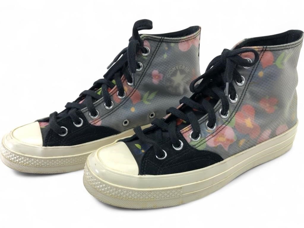 Rare Converse Chuck 70 High Floral Sneakers, Size: Pair of Converse Chuck 70 high-top sneakers featuring a unique double-layered design with a floral print canvas underlay and a translucent ripstop overlay. Features include black canvas toe caps and