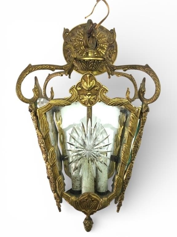 Vtg Hanging Brass & Glass Light Fixture (1 of 9)