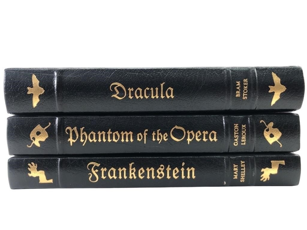 Easton Press Universal Monsters Leather-Bound Set: Set of three classic horror novels published by Easton Press: Dracula by Bram Stoker, Frankenstein by Mary Shelley, and The Phantom of the Opera by Gaston Leroux. Each volume is bound in genuine black