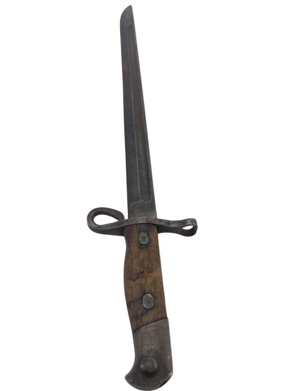 Ottoman Turkish Model 1890 Mauser Bayonet: Ottoman Turkish Model 1890 Mauser bayonet featuring a 15-inch single-edged blade with a deep fuller. The ricasso is stamped with a distinct crescent moon and star mark, identifying it as Turkish milit