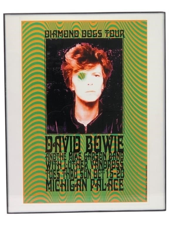 Carl Lundgren David Bowie 1974 Concert Poster: Reproduction of a 1974 David Bowie Diamond Dogs Tour concert poster for the Michigan Palace, designed by artist Carl Lundgren. The poster features a psychedelic orange and green wavy background with a